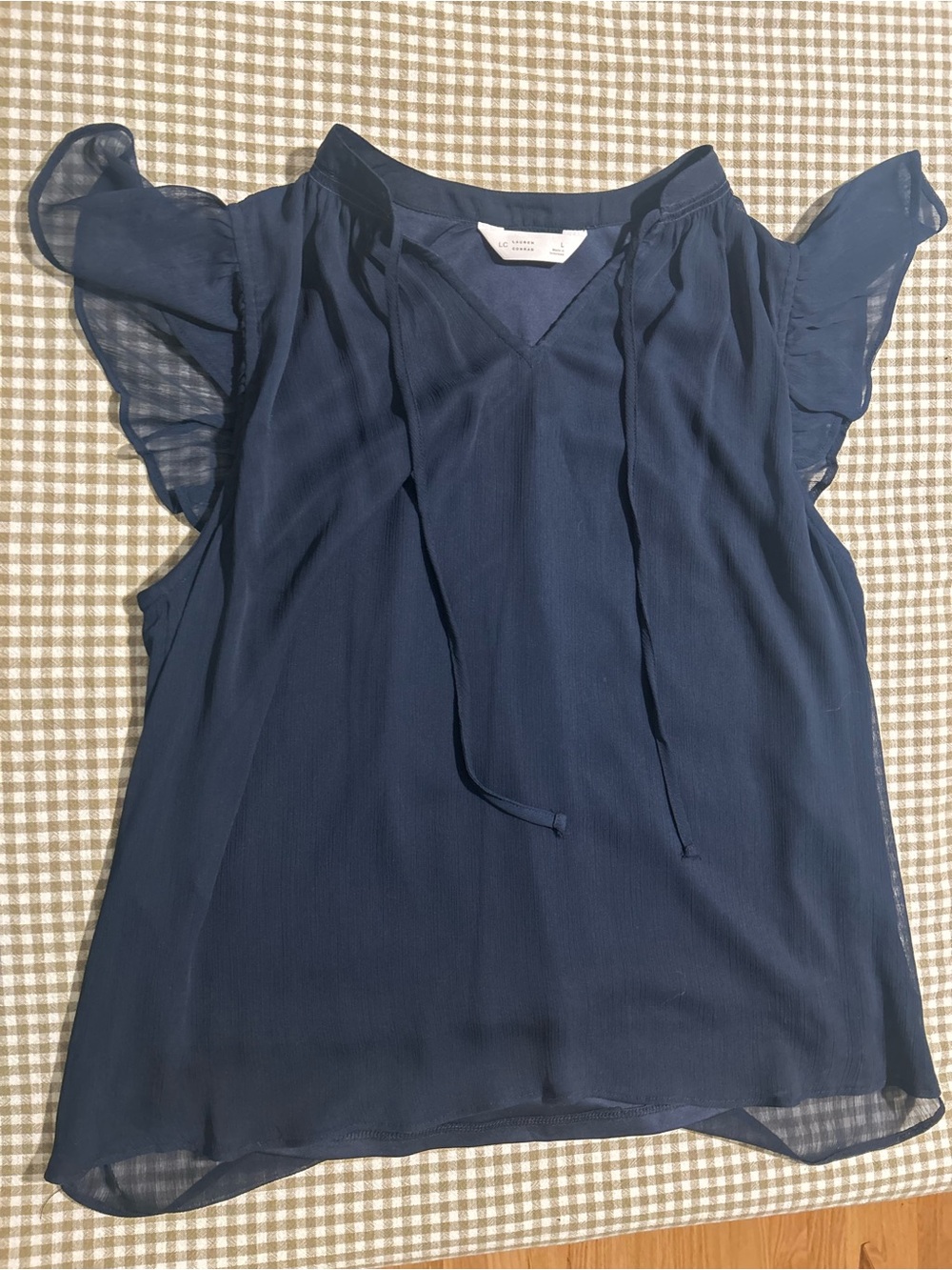 LC Lauren Conrad Navy Ruffled Sleeve Tie-Front Blouse